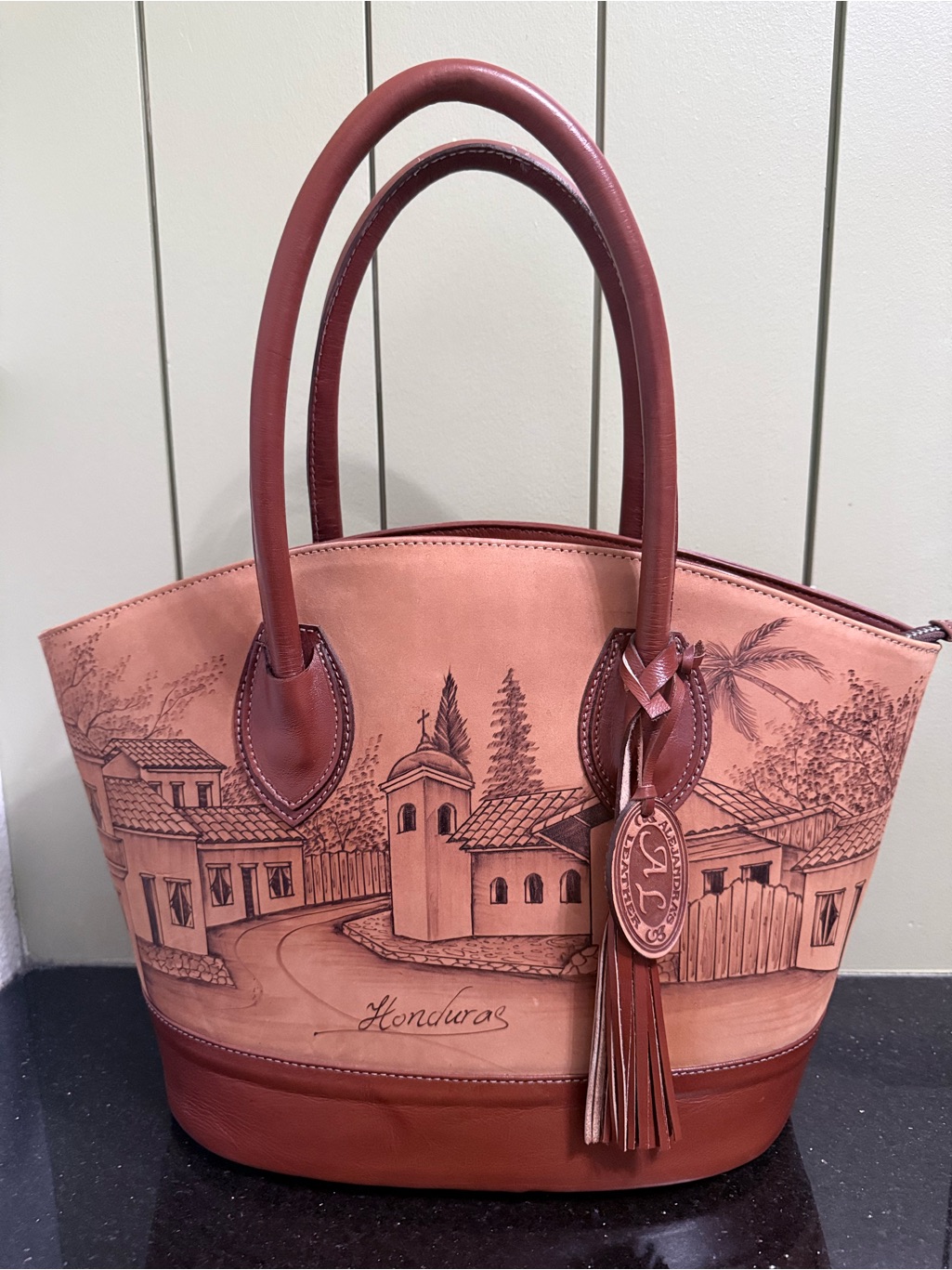 Hand-Painted Brown Leather Honduras Tote Bag Authentic From Honduras